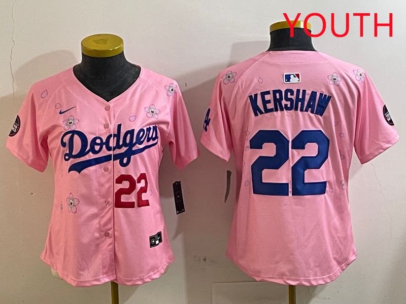 Youth Los Angeles Dodgers 22 Kershaw Pink White Blue Sakura Edition 2025 Nike MLB Jersey style 2
